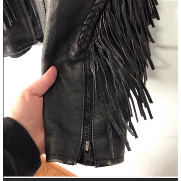 Vintage Black Leather Fringe Motorcycle Jacket with Embroidery Large - Picture 8 of 12